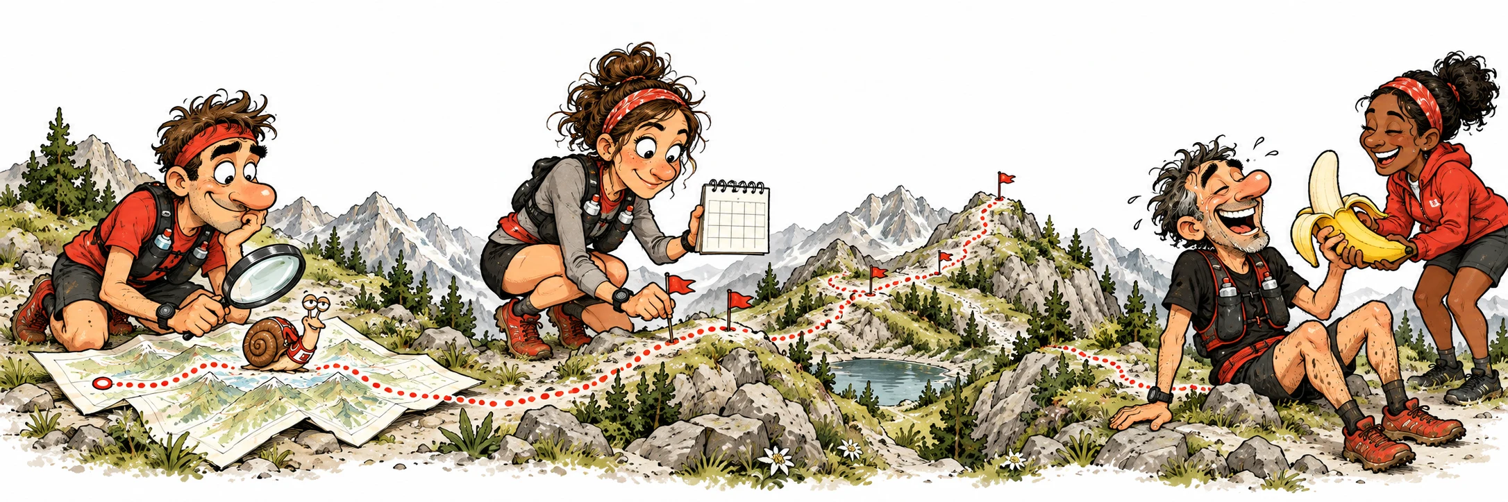 Ein roter Trail verbindet Rennsuche, Saisonplanung und die Unterstützung durch deine Crew.