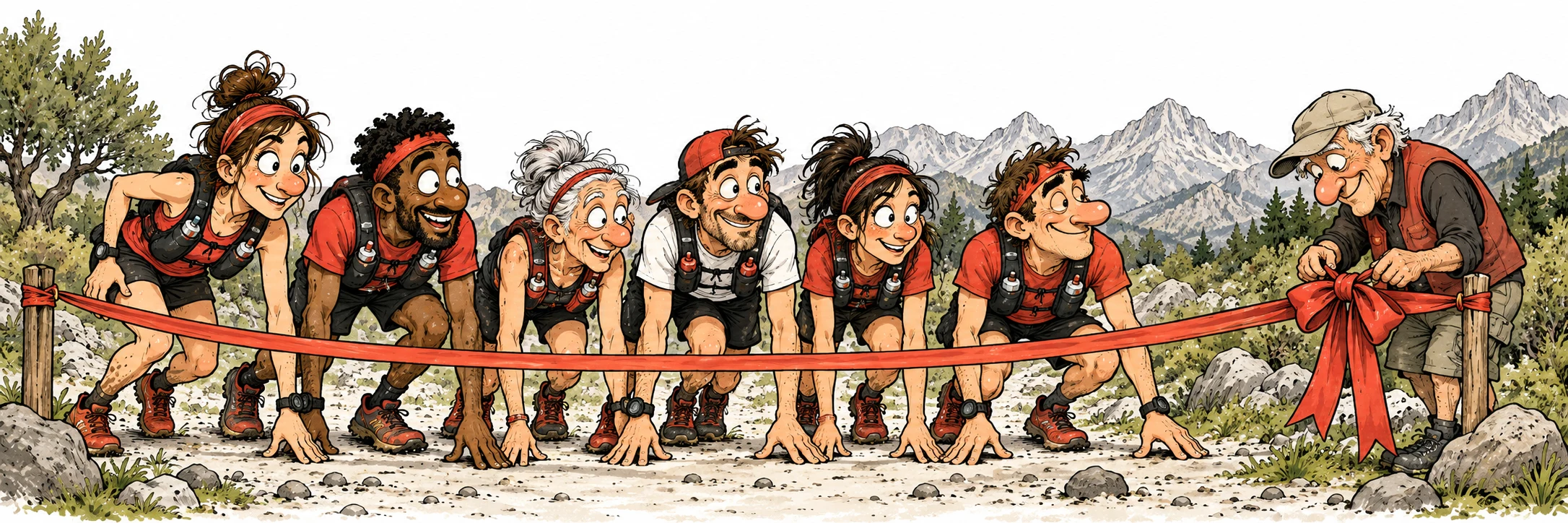Trailrunner warten an der Startlinie, während ein Helfer die letzte Schleife bindet.